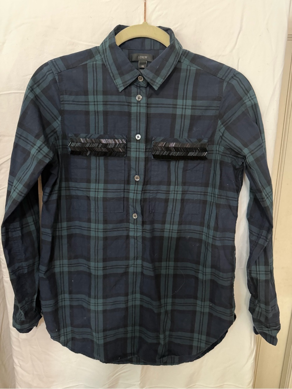 J. Crew Navy and Forest Green Plaid pop over Shirt sequin pockets